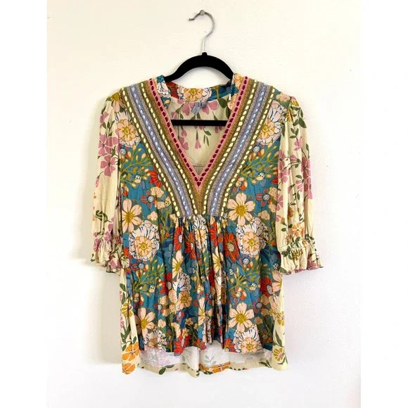 Boho Floral Peasant Blouse Embroidered Yoke Cottagecore Anthro Blank NYC Large - Picture 2 of 6